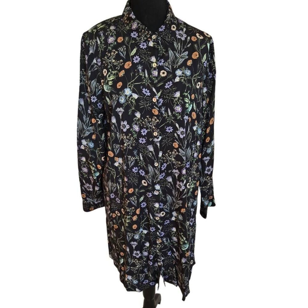 J. Jill Womens Floral Print Button Front Midi Shirt Dress Black Multicolor Small